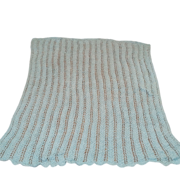 Handmade Vintage Crochet Afghan Greenish Blue Baby Blanket Throw - Picture 7 of 7